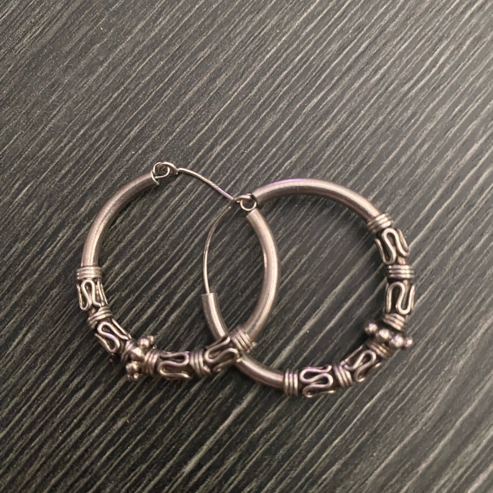 Sterling silver Black Hoop Earrings with Ornate Bead Accents